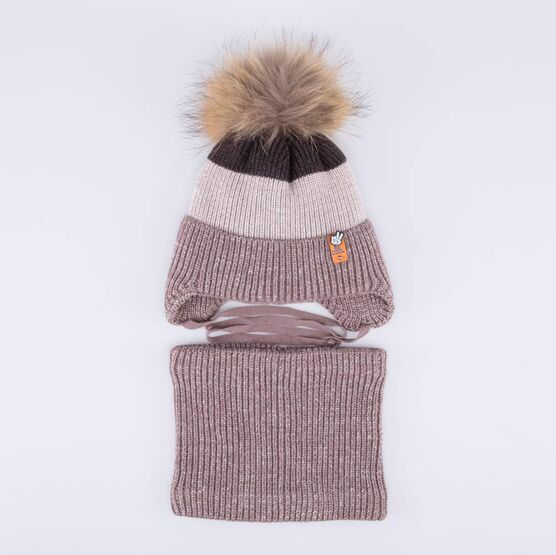 07704013-40 Зимний шерстяной комплект шапка на завязках + снуд для мальчики бежевый