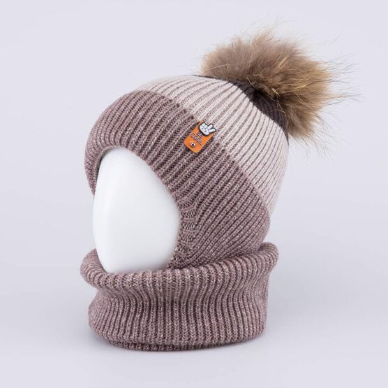 07704013-40 Зимний шерстяной комплект шапка на завязках + снуд для мальчики бежевый фото №2