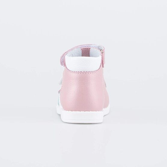 022150-22 Кожаные сандалии Первые шаги Пончик для девочки белый + розовый фото №5