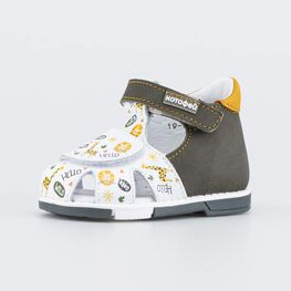 022153-21 Кожаные сандалии Первые шаги Африка для мальчики белый + оливковый