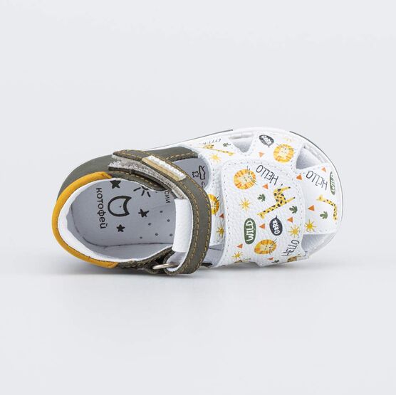 022153-21 Кожаные сандалии Первые шаги Африка для мальчики белый + оливковый фото №4