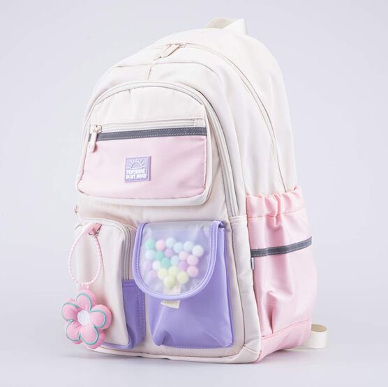 02804359-40 Рюкзак школьный Помпончики бежевый для девочки бежевый + розовый фото №2