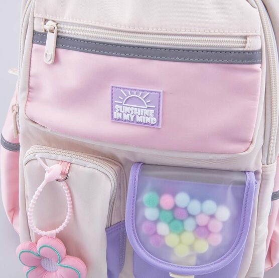02804359-40 Рюкзак школьный Помпончики бежевый для девочки бежевый + розовый фото №5