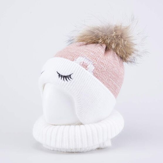 07811576-40 Шапка и снуд для девочки для девочки розовый + белый