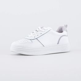 732404-11 Белые кожаные кеды-полуботинки для девочки белый + серый