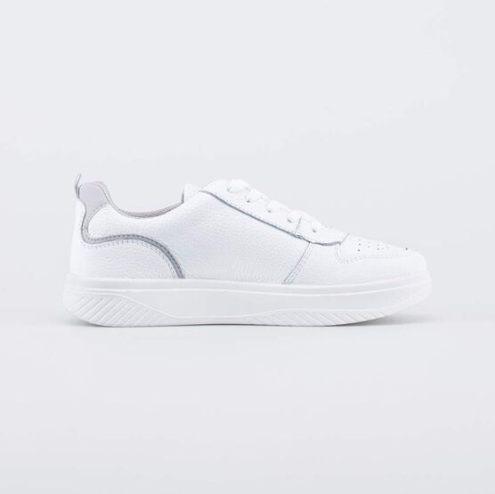 732404-11 Белые кожаные кеды-полуботинки для девочки белый + серый фото №2