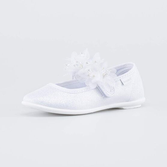 431212-72 Праздничные текстильные туфли Цветы для девочки серебристый