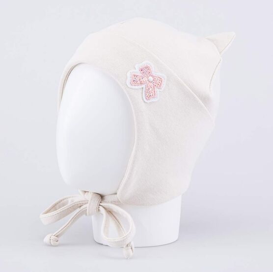 07811438-40 Детская хлопковая шапка на завязках светло-бежевый для девочки светло-бежевый фото №2