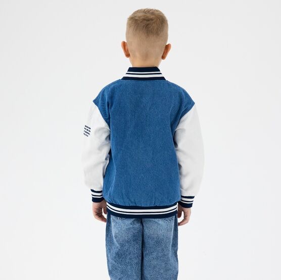 07757069-40 Джинсовая куртка-бомбер для мальчика для мальчики синий + бежевый фото №4