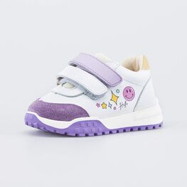 142005-12 Кожаные кроссовки Смайл для девочки белый + сиреневый