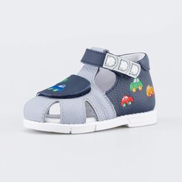 022156-21 Кожаные сандалии Первые шаги Машинки для мальчики синий + серый