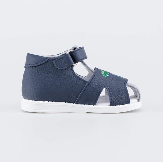 022156-21 Кожаные сандалии Первые шаги Машинки для мальчики синий + серый фото №2