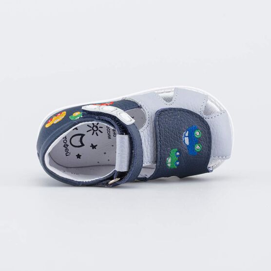 022156-21 Кожаные сандалии Первые шаги Машинки для мальчики синий + серый фото №4