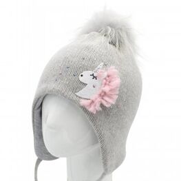 07811219-40 Теплая шапка для девочки Единорог для девочки серый