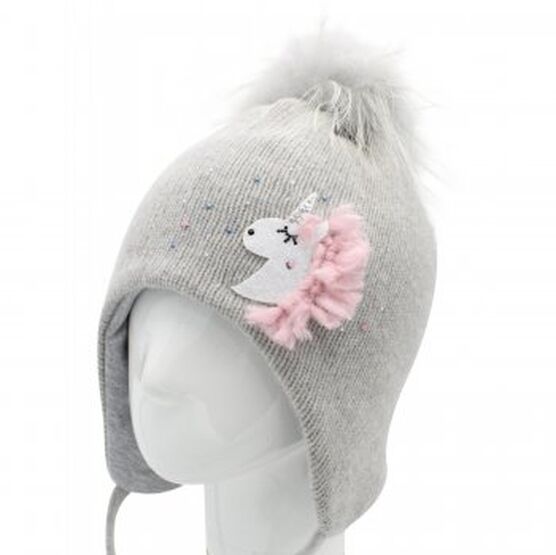07811219-40 Теплая шапка для девочки Единорог для девочки серый
