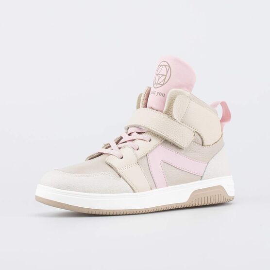 652224-11 Демисезонные кожаные ботинки-кеды для девочки беж-роз