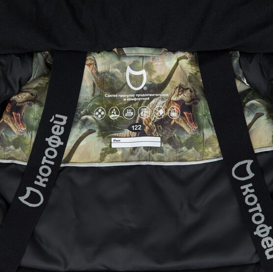 07757084-30 Зимняя мембранная куртка-парка с принтом Динозавры для мальчики оливковый фото №4
