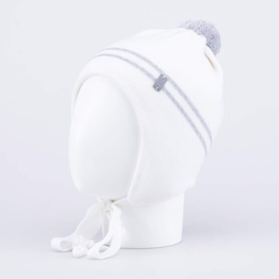 07811423-41 Шапка шерстяная на завязках для девочки серый + белый