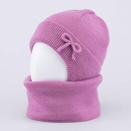 07804007-40 Теплый комплект шапка на завязках+снуд розовый для девочки розовый фото №2