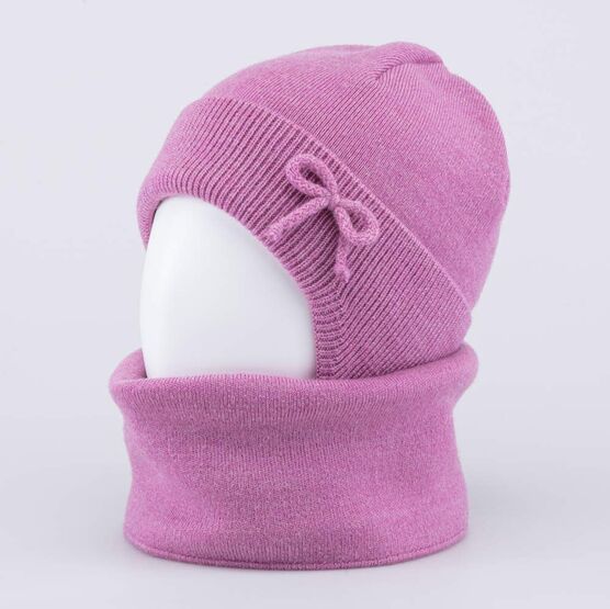 07804007-40 Теплый комплект шапка на завязках+снуд розовый для девочки розовый фото №2
