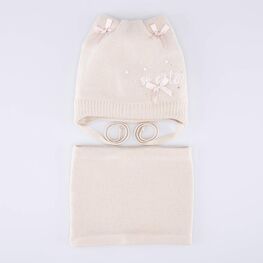 07811441-41 Теплый комплект шапка на завязках+снуд светло-бежевый для девочки светло-бежевый