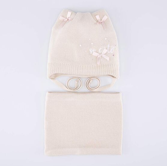07811441-41 Теплый комплект шапка на завязках+снуд светло-бежевый для девочки светло-бежевый