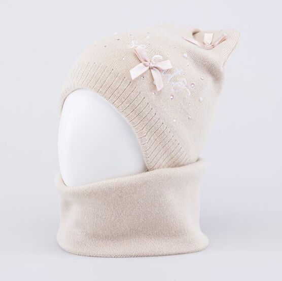 07811441-41 Теплый комплект шапка на завязках+снуд светло-бежевый для девочки светло-бежевый фото №2