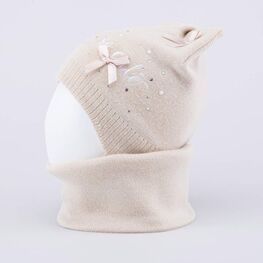 07811441-41 Теплый комплект шапка на завязках+снуд светло-бежевый для девочки светло-бежевый фото №3