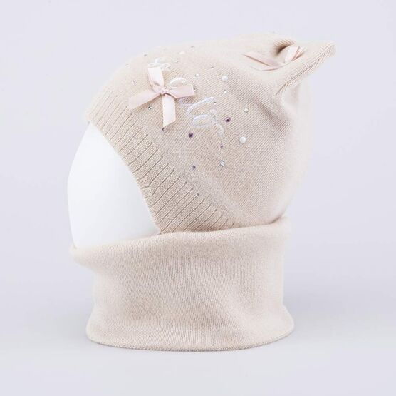 07811441-41 Теплый комплект шапка на завязках+снуд светло-бежевый для девочки светло-бежевый фото №3